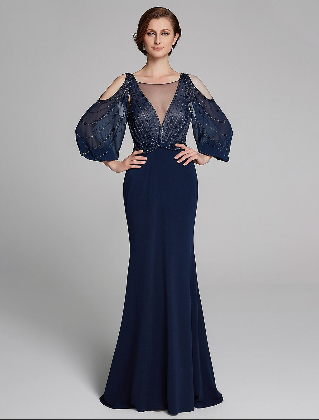 Mother of the Bride Dress Sparkle Shine Boat Neck Floor Length Long Sleeve No with Beading Ruching