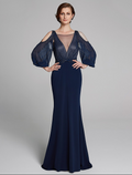 Mother of the Bride Dress Sparkle Shine Boat Neck Floor Length Long Sleeve No with Beading Ruching