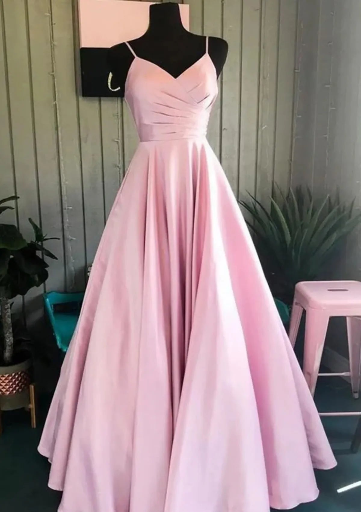 Pink Romantic Prom Dress V Neck Ruched Bodice Flowy Skirt for Enchanting Evenings