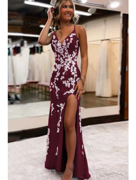 Sexy Dress Formal Sweep Brush Train Sleeveless V Neck Backless with Slit Appliques
