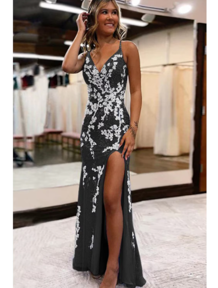 Sexy Dress Formal Sweep Brush Train Sleeveless V Neck Backless with Slit Appliques