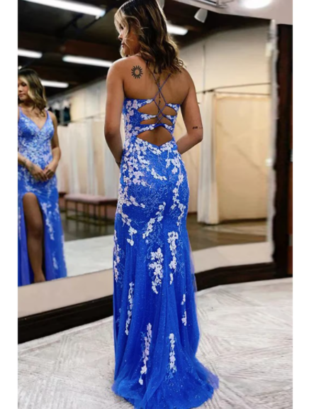 Sexy Dress Formal Sweep Brush Train Sleeveless V Neck Backless with Slit Appliques