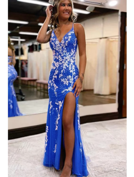 Sexy Dress Formal Sweep Brush Train Sleeveless V Neck Backless with Slit Appliques