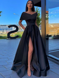 Black Little Dress Dress Formal Floor Length Short Sleeve Off Shoulder with Ruched Slit