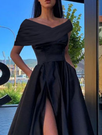 Black Little Dress Dress Formal Floor Length Short Sleeve Off Shoulder with Ruched Slit