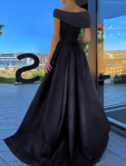 Black Little Dress Dress Formal Floor Length Short Sleeve Off Shoulder with Ruched Slit