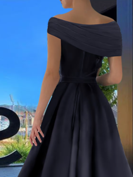 Black Little Dress Dress Formal Floor Length Short Sleeve Off Shoulder with Ruched Slit