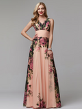 Floral Dress Floor Length Sleeveless V Neck with Pattern Print
