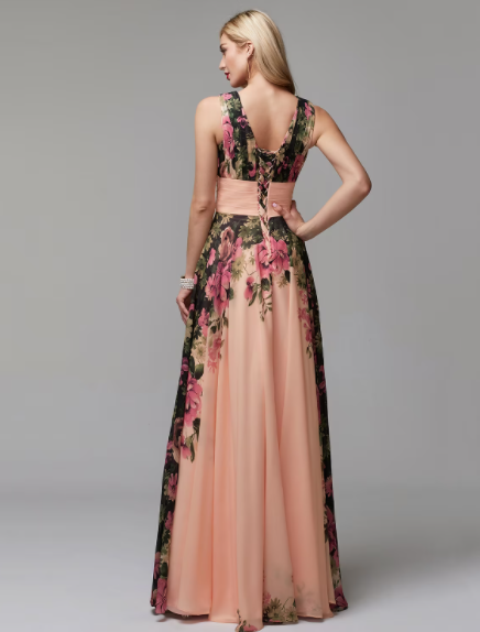 Floral Dress Floor Length Sleeveless V Neck with Pattern Print