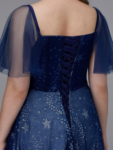 Plus Size Dress Prom Floor Length Short Sleeve TulleLace-up with Beading Pattern Print