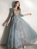 Engagement Floor Length Half Sleeve V Neck Tullewith Pleats Pattern Print Appliques