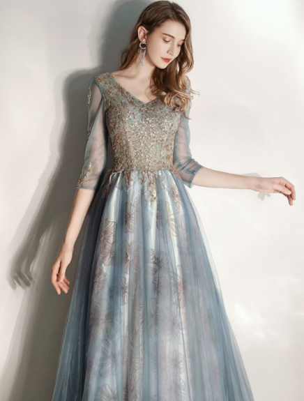Engagement Floor Length Half Sleeve V Neck Tullewith Pleats Pattern Print Appliques