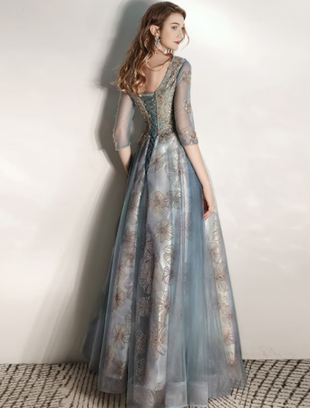 Engagement Floor Length Half Sleeve V Neck Tullewith Pleats Pattern Print Appliques