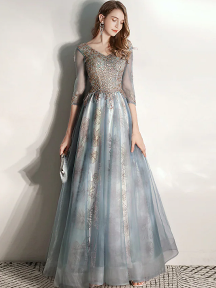 Engagement Floor Length Half Sleeve V Neck Tullewith Pleats Pattern Print Appliques