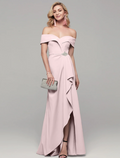 Luxurious Dress Wedding Floor Length Short Sleeve Off Shoulder with Rhinestone Split Front