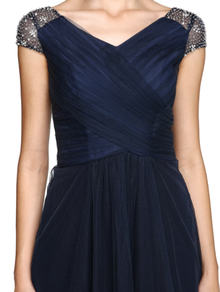 Wedding Asymmetrical Short Sleeve V Neck Back Criss Cross Pleats Beading