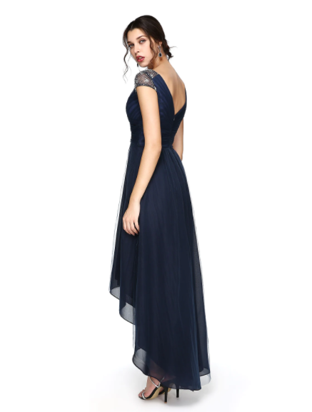 Wedding Asymmetrical Short Sleeve V Neck Back Criss Cross Pleats Beading