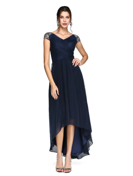 Wedding Asymmetrical Short Sleeve V Neck Back Criss Cross Pleats Beading