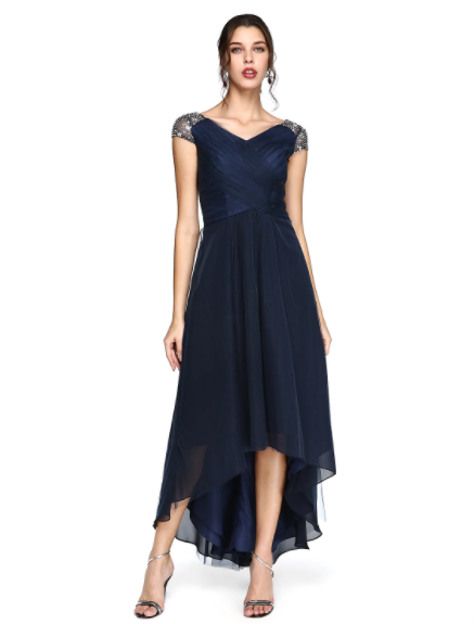 Wedding Asymmetrical Short Sleeve V Neck Back Criss Cross Pleats Beading