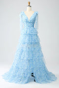 Light Blue V-Neck Light Tiered Prom Dress