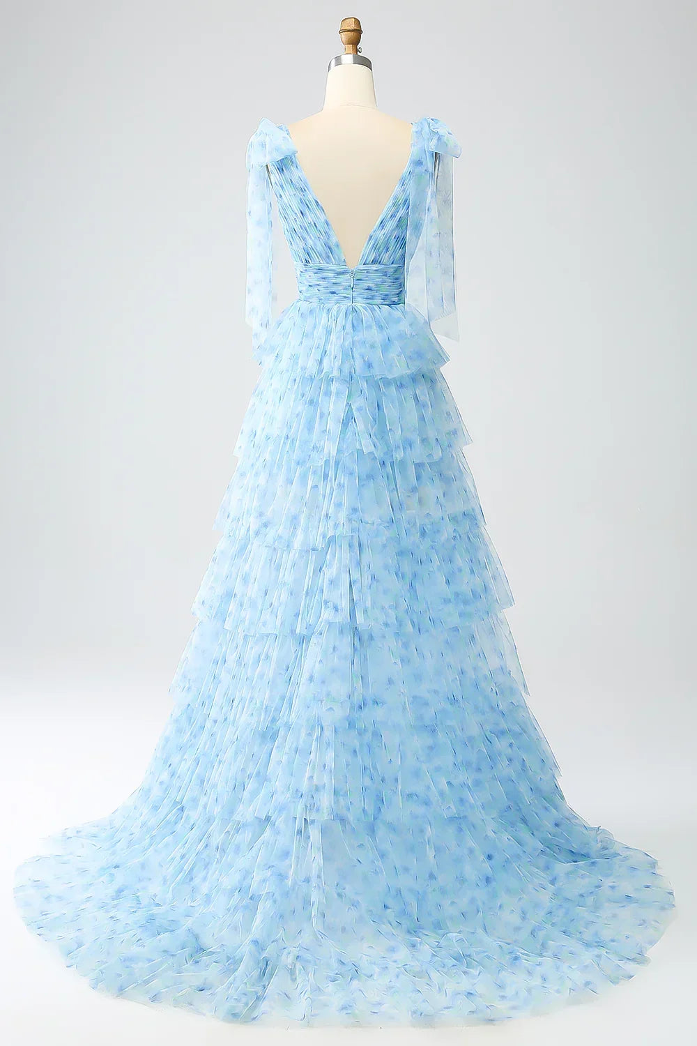 Light Blue V-Neck Light Tiered Prom Dress