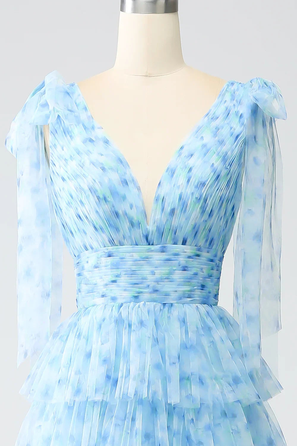 Light Blue V-Neck Light Tiered Prom Dress