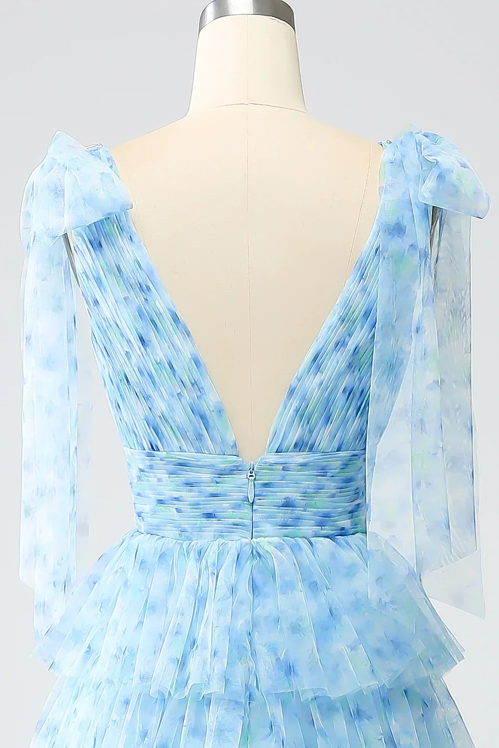 Light Blue V-Neck Light Tiered Prom Dress