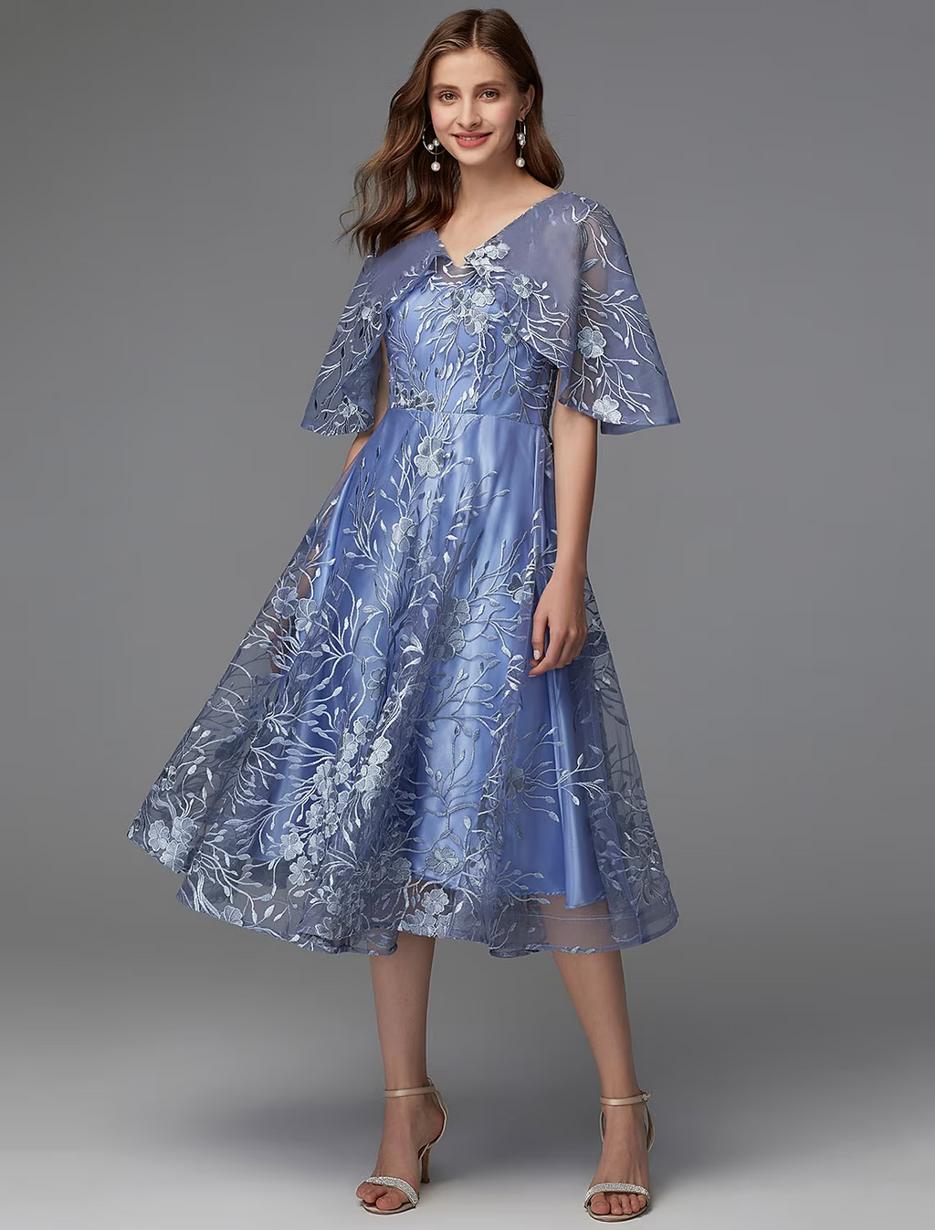 Floral Dress Wedding Guest Sleeveless V Neck V Back with Pattern Print Appliques