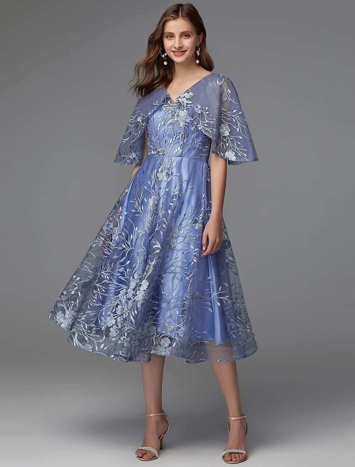 Floral Dress Wedding Guest Sleeveless V Neck V Back with Pattern Print Appliques