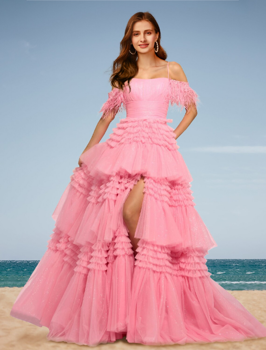 Tiered Dress Wedding Party Court Train Sleeveless Off Shoulder with Slit