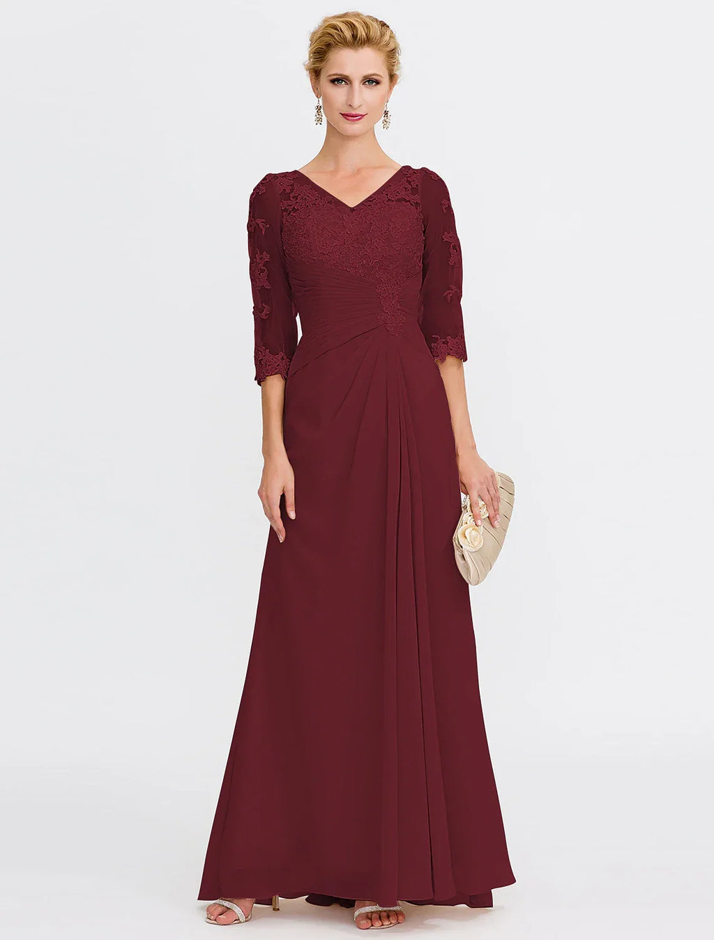 Mother of the Bride Dress Plus Size Elegant Through V Neck Floor Length Half Sleeve with Appliques Side Draping