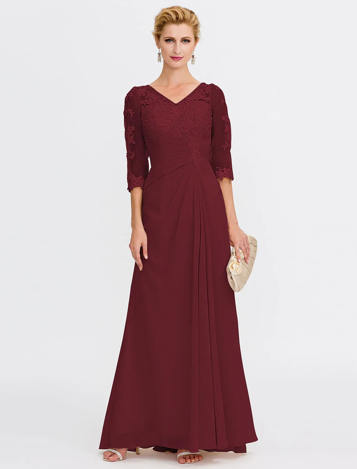 Mother of the Bride Dress Plus Size Elegant Through V Neck Floor Length Half Sleeve with Appliques Side Draping