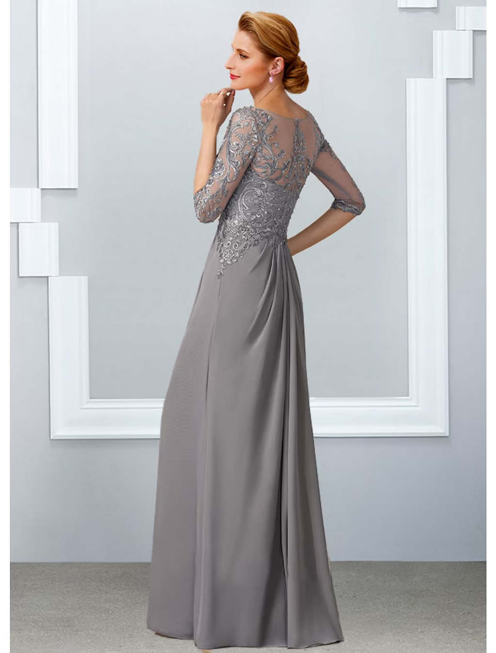 Mother of the Bride Dress Elegant Floor Length Half Sleeve with Appliques