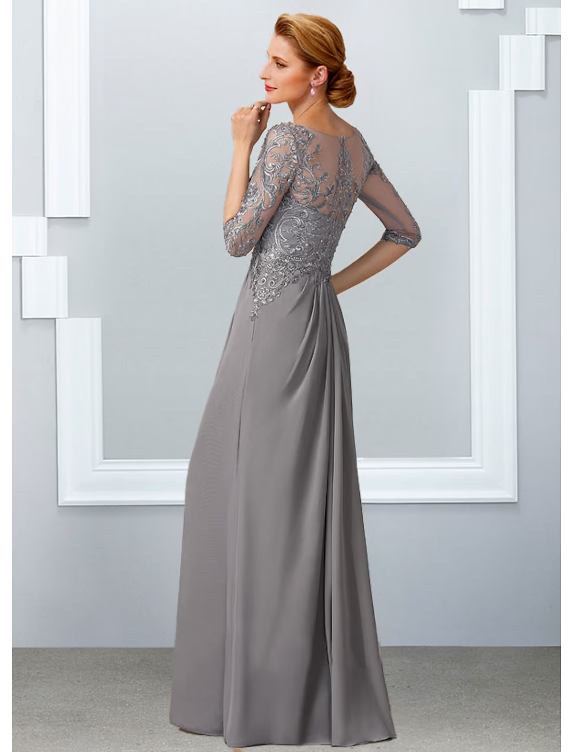Mother of the Bride Dress Elegant Floor Length Half Sleeve with Appliques