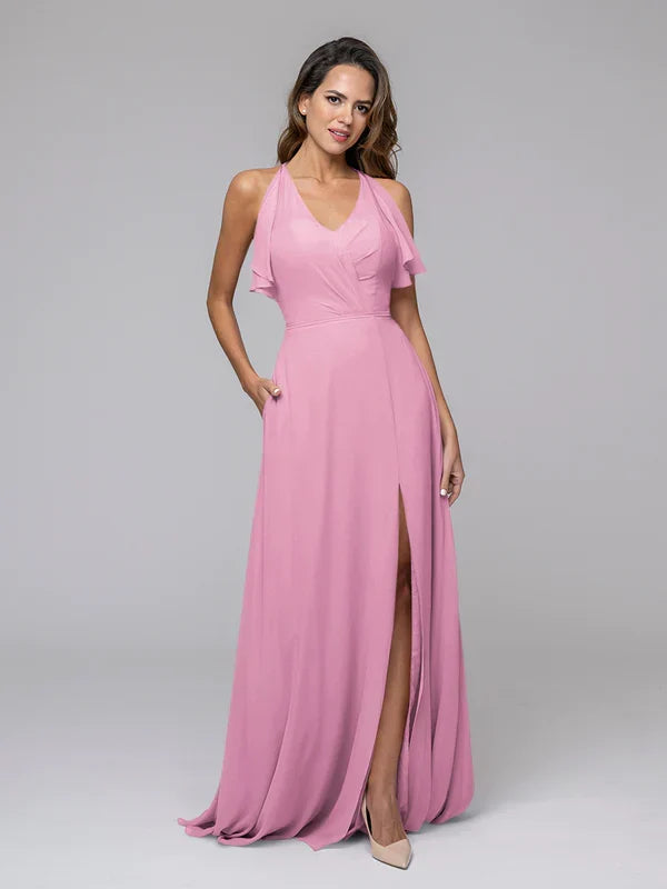 Ruffles V Neck Floor Length Bridesmaid Dresses