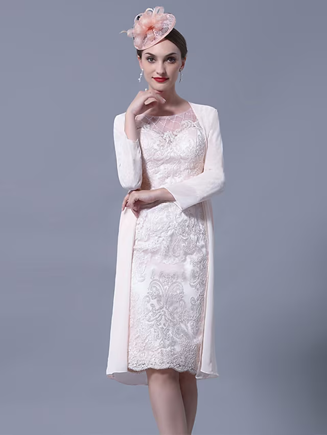 Two Piece Mother of the Bride Dress Church Elegant Jewel Neck Knee Length Sleeve with Embroidery
