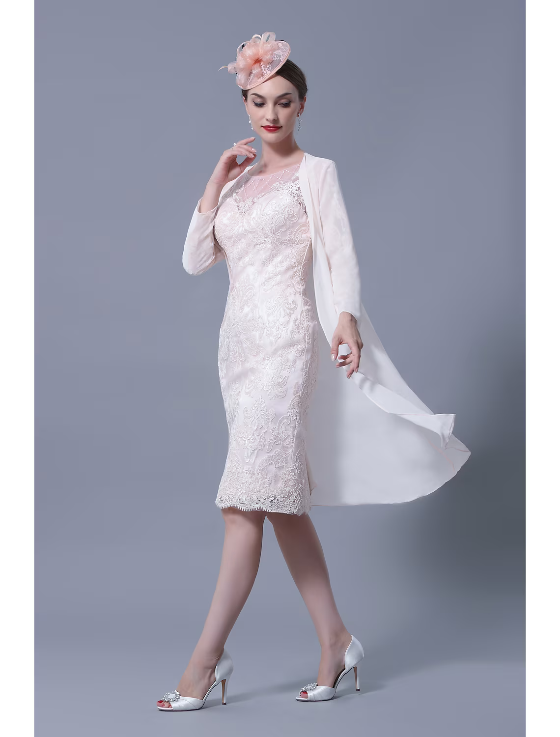 Two Piece Mother of the Bride Dress Church Elegant Jewel Neck Knee Length Sleeve with Embroidery