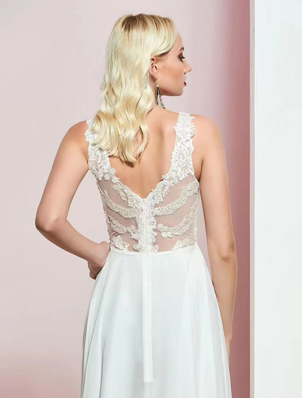 Evening Gown Open Back Dress Wedding Party Floor Length Sleeveless V Neck with Appliques