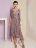 Two Piece A-Line Mother of the Bride Dress Formal Wedding Guest Elegant High Low V Neck Asymmetrical Length Short Sleeve Sleeve Wrap Included with Appliques