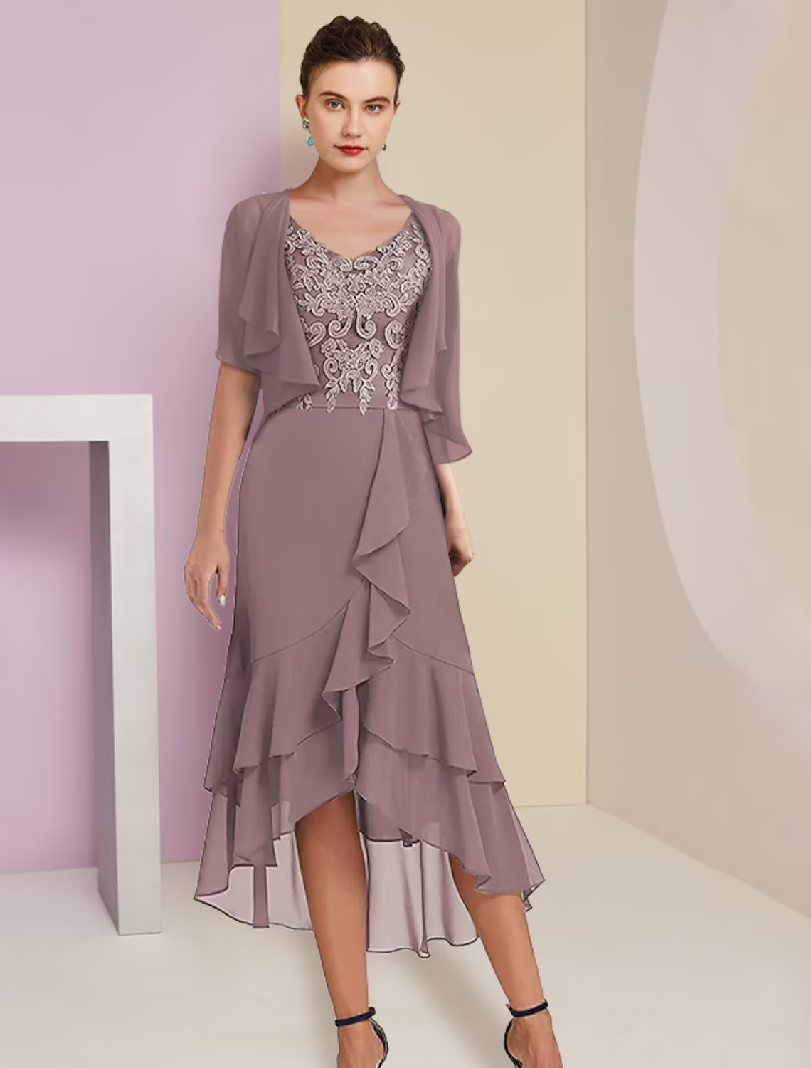 Two Piece A-Line Mother of the Bride Dress Formal Wedding Guest Elegant High Low V Neck Asymmetrical Length Short Sleeve Sleeve Wrap Included with Appliques