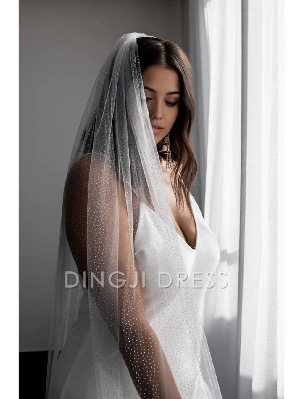 Ding Ji One-tier Simple Sparkle Shine Wedding Veil Cathedral Veils with 110.24 in (280cm) Charming Hot Sale Veil