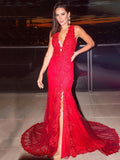 Trumpet/Mermaid Applique V-neck Sleeveless Sweep/Brush Train Dresses
