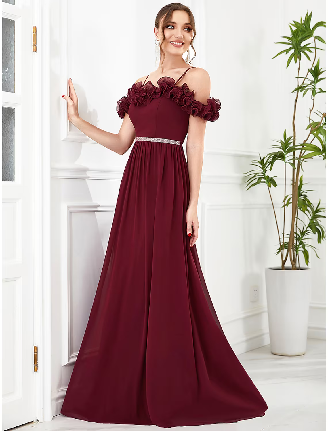 Vintage Dress Wedding Guest Floor Length Sleeveless Off Shoulder with Flower