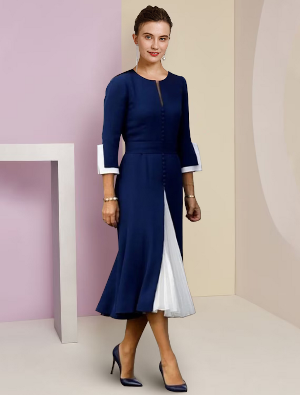 Mother of the Bride Dress Formal Wedding Guest Elegant Scoop Neck Length Length Sleeve with Buttons
