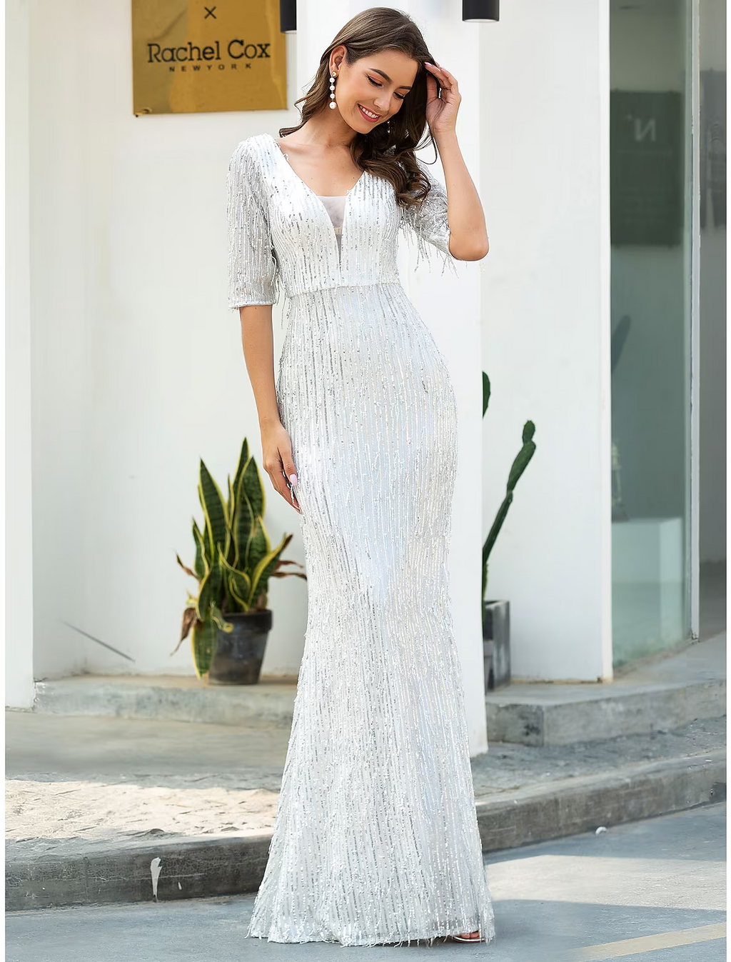 Evening Gown Glittering Dress Engagement Floor Length Half Sleeve V Neck with Tassel