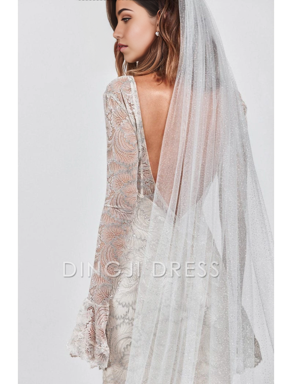 Ding Ji One-tier Simple Sparkle Shine Wedding Veil Cathedral Veils with 110.24 in (280cm) Charming Hot Sale Veil