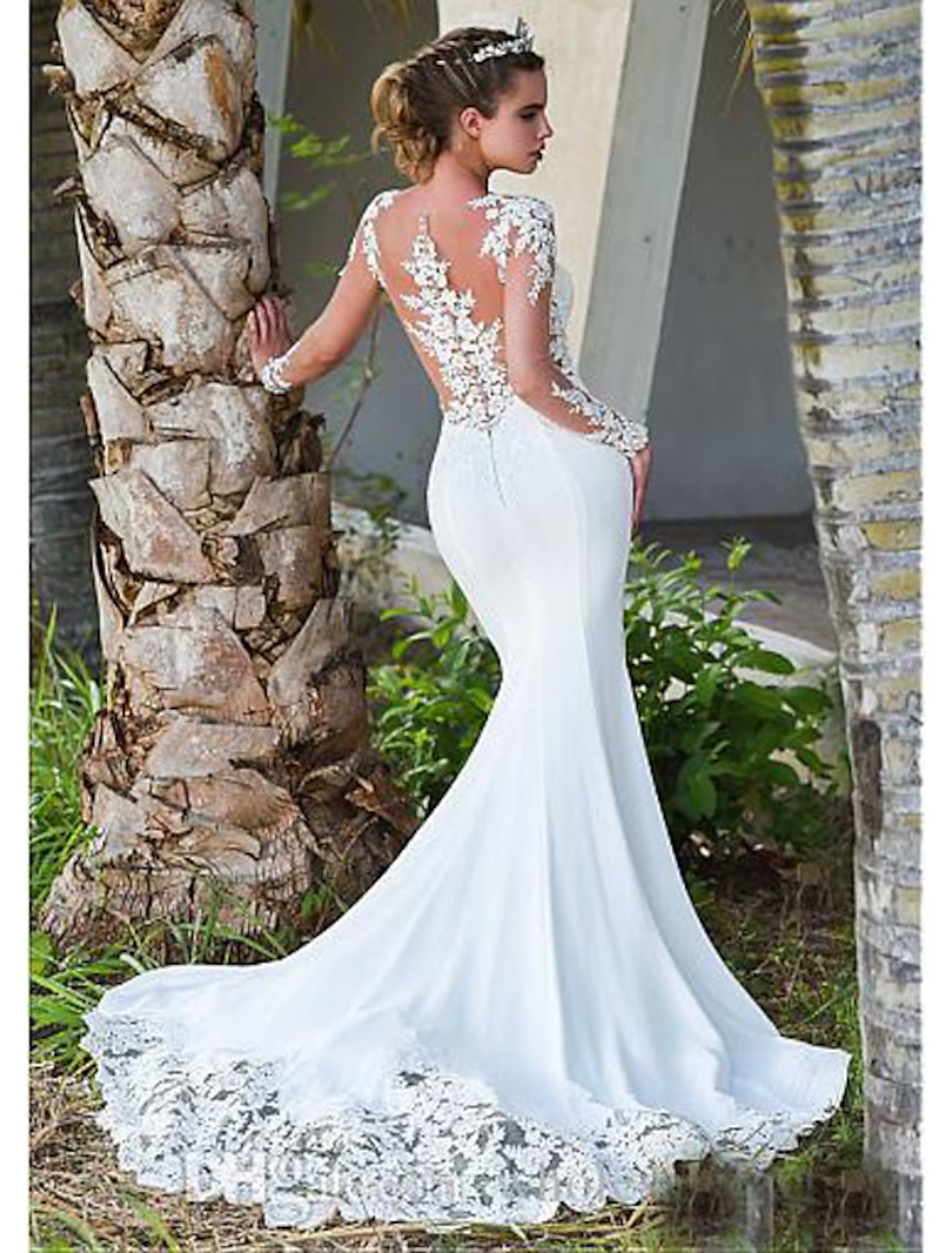 Engagement Open Back Formal Wedding Dresses Long Sleeve With Appliques