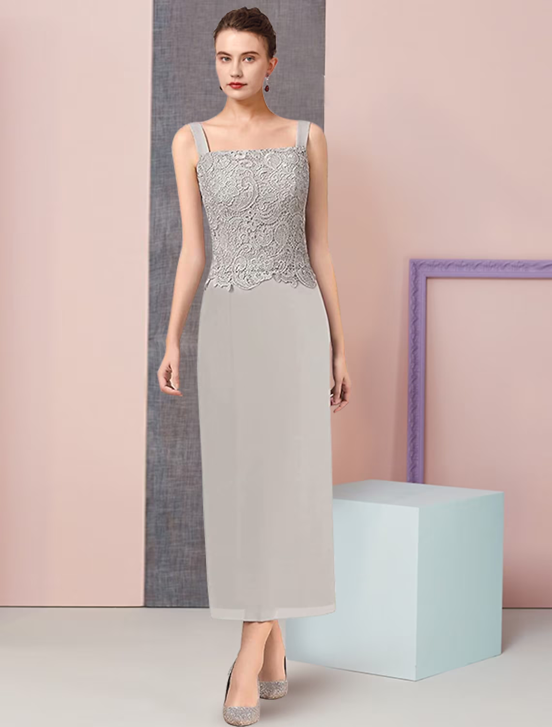 Two Piece Mother of the Bride Dress Formal Wedding Guest Elegant Square Neck Ankle Length Sleeveless Wrap Included with Appliques
