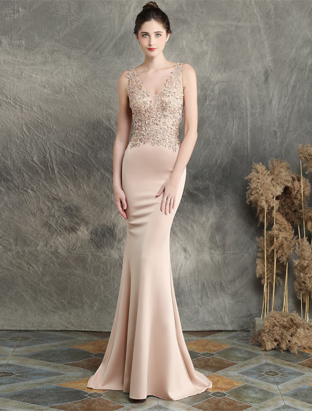 Evening Gown Elegant Dress Formal Sleeveless V Neck Blend with Beading Applique