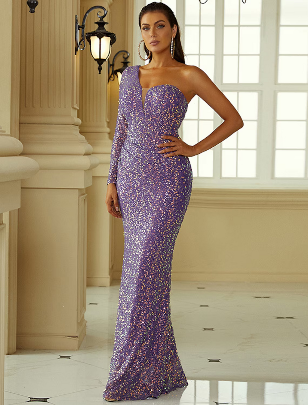 Evening Gown Sexy Dress Formal Floor Length Long Sleeve One Shoulder